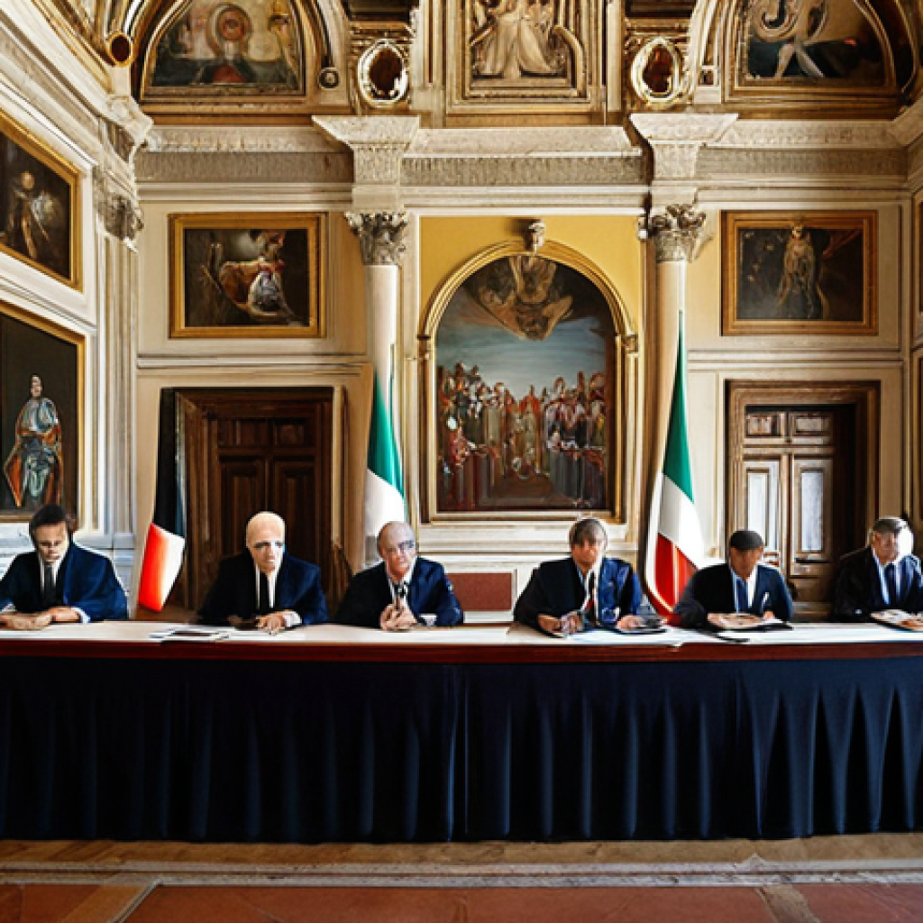 **

A formal treaty signing ceremony at the Palazzo Madama in Rome. Italian diplomats are seated at a long table, signing a document. Flags of Italy and the other involved nation are visible. The overall mood is solemn and significant, representing the binding nature of international agreements.

**