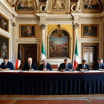 **

A formal treaty signing ceremony at the Palazzo Madama in Rome. Italian diplomats are seated at a long table, signing a document. Flags of Italy and the other involved nation are visible. The overall mood is solemn and significant, representing the binding nature of international agreements.

**
