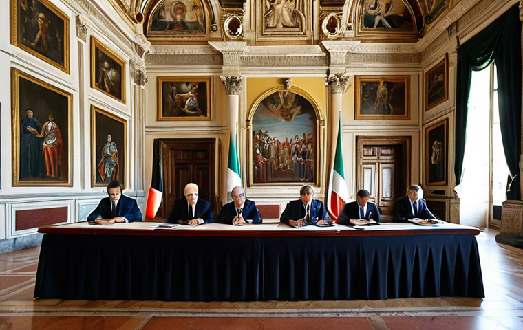 **

A formal treaty signing ceremony at the Palazzo Madama in Rome. Italian diplomats are seated at a long table, signing a document. Flags of Italy and the other involved nation are visible. The overall mood is solemn and significant, representing the binding nature of international agreements.

**