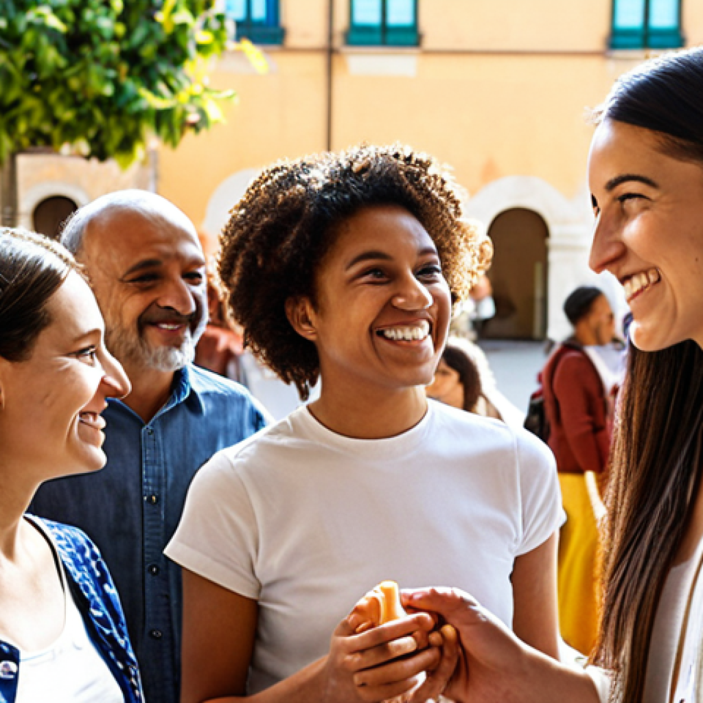 **Image Prompt 1:** A diverse group of people of varying ages, genders, and ethnicities, engaged in a lively and collaborative discussion in a sunlit Italian communal space, such as a university courtyard or a modern office break area. They are making eye contact, smiling, and demonstrating genuine connection and mutual respect. The scene should exude an atmosphere of inclusion and shared understanding, symbolizing how differences create strength and foster innovation in daily life. Focus on warm, natural lighting and vibrant, realistic details, highlighting the unique individuality of each person within a harmonious collective.