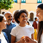 **Image Prompt 1:** A diverse group of people of varying ages, genders, and ethnicities, engaged in a lively and collaborative discussion in a sunlit Italian communal space, such as a university courtyard or a modern office break area. They are making eye contact, smiling, and demonstrating genuine connection and mutual respect. The scene should exude an atmosphere of inclusion and shared understanding, symbolizing how differences create strength and foster innovation in daily life. Focus on warm, natural lighting and vibrant, realistic details, highlighting the unique individuality of each person within a harmonious collective.