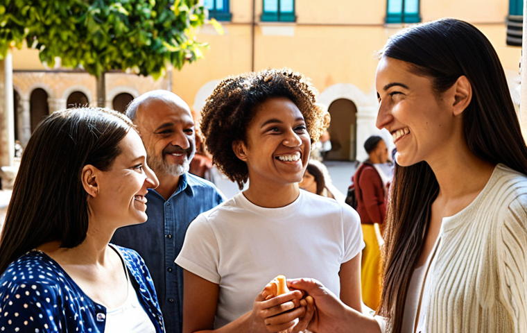**Image Prompt 1:** A diverse group of people of varying ages, genders, and ethnicities, engaged in a lively and collaborative discussion in a sunlit Italian communal space, such as a university courtyard or a modern office break area. They are making eye contact, smiling, and demonstrating genuine connection and mutual respect. The scene should exude an atmosphere of inclusion and shared understanding, symbolizing how differences create strength and foster innovation in daily life. Focus on warm, natural lighting and vibrant, realistic details, highlighting the unique individuality of each person within a harmonious collective.